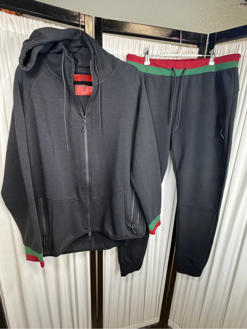 Bascom Projects Men’s Black Hooded Zip Jacket & Jogger Set with Red & Green Trim